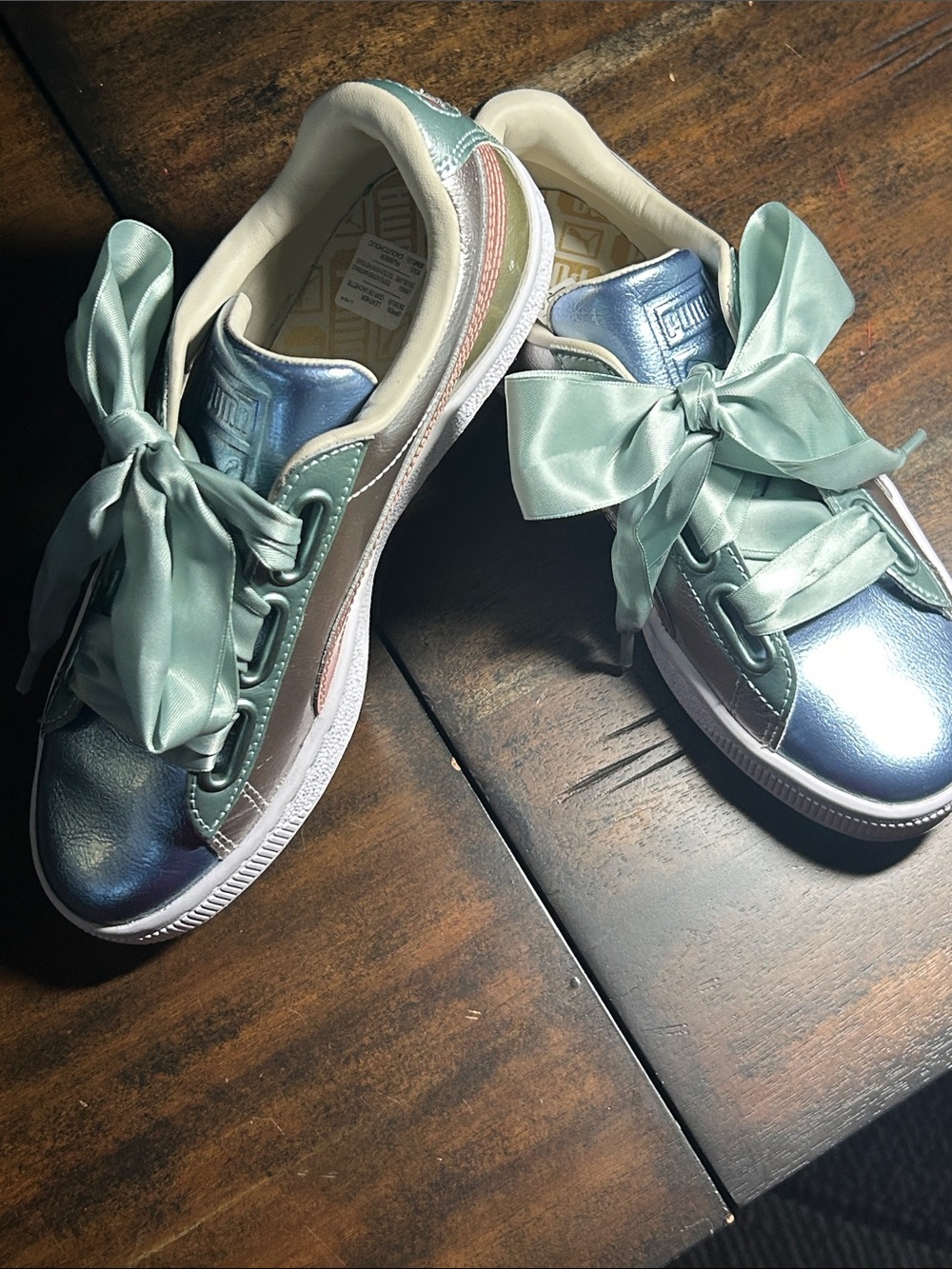 Puma Kids Metallic Blue and Mint Satin-Bow Sneakers. Size 7